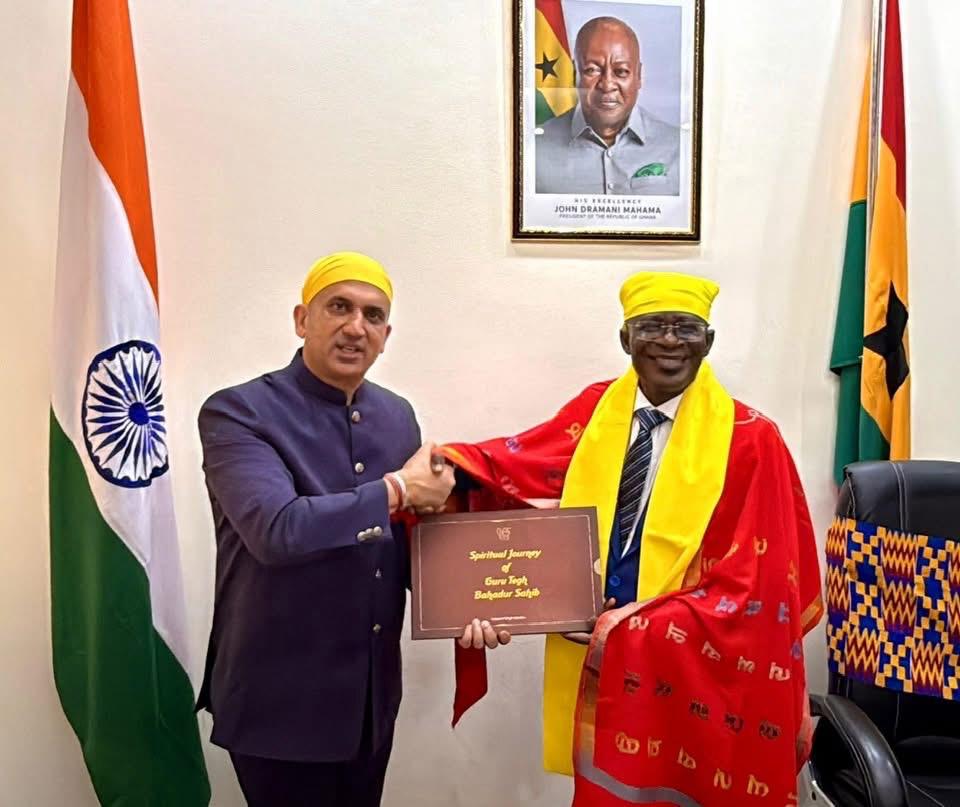   High Commissioner of Ghana to India H.E. Prof. Kwasi Obiri-Danso acknowledges book authored by Harpreet Sandhu dedicated to 350th Martyrdom Year of Sri Guru Tegh Bahadur Sahib