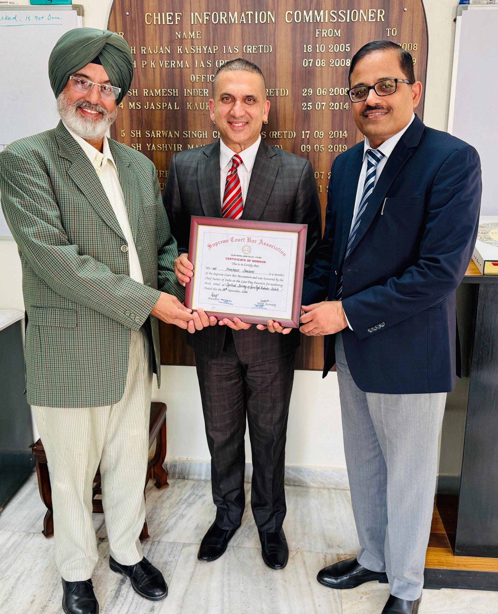CIC Inderpal Singh Dhana and ACS  D K Tewari, acknowledged Harpreet Sandhu’s certificate of honour 