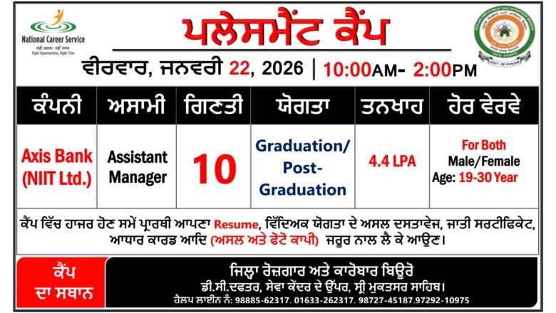 ਜ਼ਿਲ੍ਹਾ ਰੋਜ਼ਗਾਰ ਅਤੇ ਕਾਰੋਬਾਰ ਬਿਊਰੋ ਵਿਖੇ 22 ਜਨਵਰੀ ਨੂੰ ਲਗਾਇਆ ਜਾ ਰਿਹਾ ਹੈ ਪਲੇਸਮੈਂਟ ਕੈਂਪ